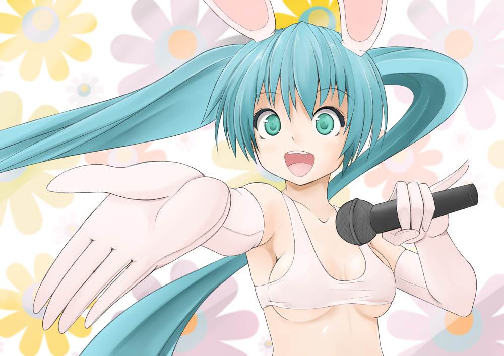 :d animal_ears aqua_eyes aqua_hair bunny_ears elbow_gloves gloves hatsune_miku long_hair microphone nino_(aquarius) open_mouth outstretched_arm pinky_out smile solo twintails vocaloid
