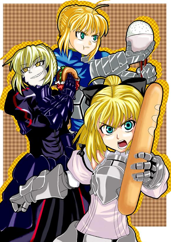 artoria_pendragon_(all) bad_id bad_pixiv_id fate/stay_night fate/unlimited_codes fate_(series) food multiple_girls multiple_persona saber saber_alter saber_lily