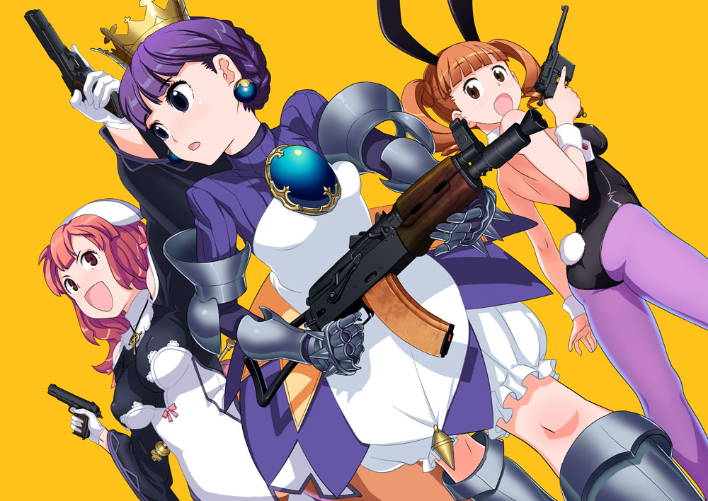 aks-74u animal_ears armor armored_dress ass assault_rifle brown_eyes brown_hair bunny_ears bunny_girl bunnysuit cocked_hammer crossover crown dual_wielding fuwa_daisuke gauntlets gradriel gun handgun holding holding_gun holding_weapon la_pucelle looking_back m1911 mauser_c96 multiple_crossover multiple_girls onegai_my_melody open_mouth orange_background pantyhose pistol prier princess_crown purple_eyes purple_hair red_eyes red_hair rifle trigger_discipline twintails weapon white_bloomers yumeno_uta