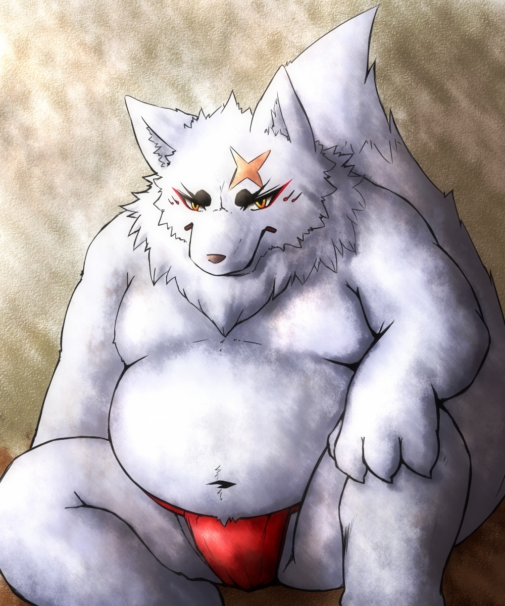 anthro canine chubby fat fox fur gingitsune gintaro looking_at_viewer male mammal orange_eyes overweight pandhets solo tail underwear white_fur wolf