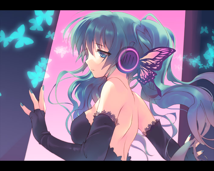 aqua_eyes aqua_hair aqua_nails back backless_dress backless_outfit bad_id bad_pixiv_id bare_shoulders butterfly_wings dress elbow_gloves fingerless_gloves gloves hatsune_miku letterboxed long_hair magnet_(vocaloid) nail_polish pink_wings santa_matsuri solo twintails vocaloid wings