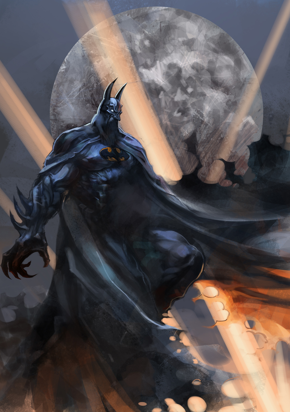 batman batman_(series) cape claws dc_comics full_moon highres horns male_focus moon solo zm