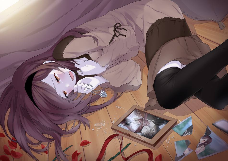 black_legwear break_up broken_glass brown_eyes brown_hair commentary_request crying crying_with_eyes_open glass hairband heart jewelry long_hair lying necklace open_mouth original pendant petals photo_(object) red_eyes sad solo tears thighhighs torn zpolice