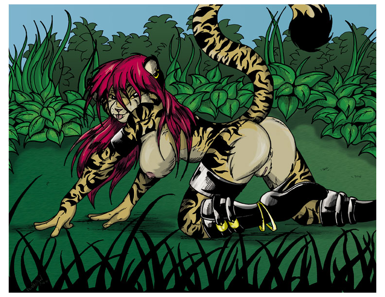 all_fours amber_eyes anus big_breasts black boots breasts butt ear_piercing earring feline female hair james_donaldson long_hair looking_at_viewer nipples nude outside piercing plump_labia pussy raised_tail red_hair solo stripes tail tiger tongue tongue_out yellow
