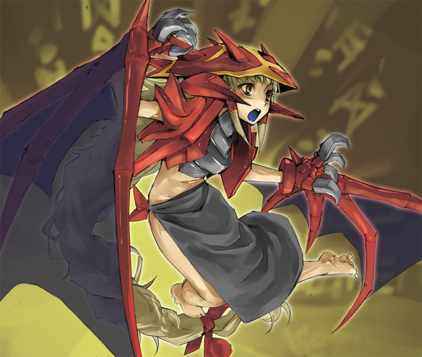 1girl bakabakasii barefoot blonde_hair claws duel_monster female genderswap gijinka long_hair midriff monster_girl open_mouth personification uria_lord_of_searing_flames wings yellow_eyes yu-gi-oh!
