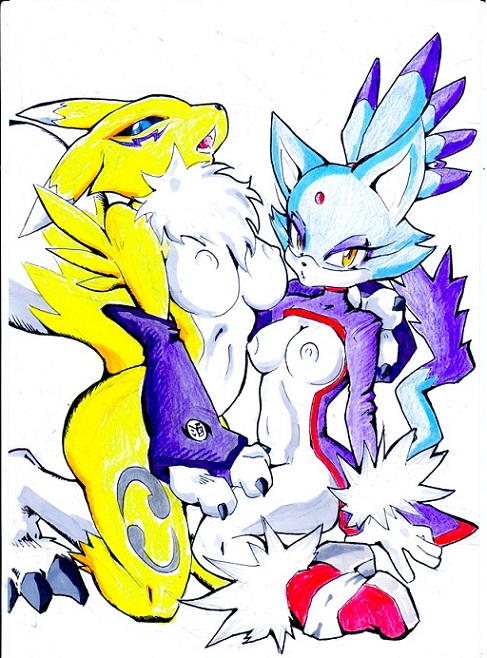 blaze_the_cat breasts canine cat couple crossover digimon duo elbow_gloves feline female fox gloves lagomorph looking_at_viewer mammal mobian nipples open_mouth plain_background pose raised_tail renamon sega sonic_(series) tail unknown_artist white_background yellow_eyes