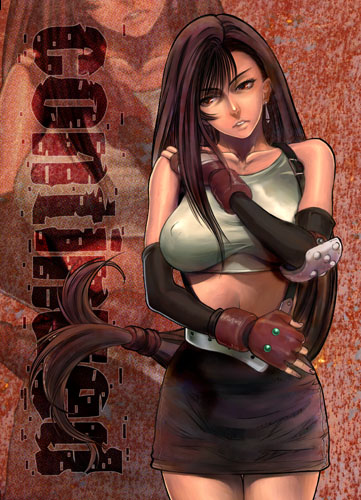 breasts brown_hair cover cover_page doujinshi earrings elbow_gloves final_fantasy final_fantasy_vii fingerless_gloves gloves jewelry large_breasts long_hair low-tied_long_hair lowres midriff pencil_skirt skirt solo suspender_skirt suspenders tifa_lockhart walnov zoom_layer