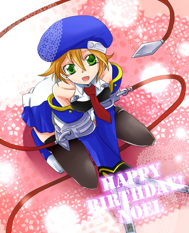 arc_system_works bare_shoulders beret black_legwear black_thighhighs blazblue detached_sleeves female full_body green_eyes gun happy_birthday hat looking_up necktie noel_vermillion open_mouth red_ribbon ribbon solo squat squatting takanon_(pixiv259581) thighhighs uniform weapon