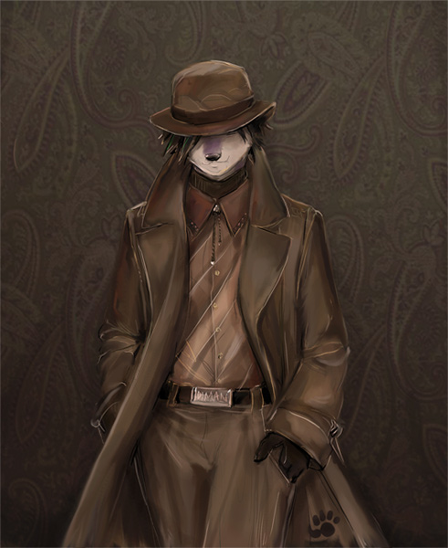 bowler_hat brown canine fashion hat male solo suit thumbclawz tokami trenchcoat wolf