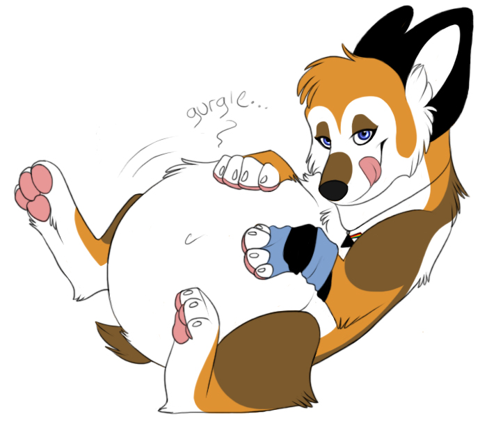 belly_grab canine corgeh corgi dog fat female gurgle licking licking_lips mammal obese overweight plain_background post_vore stuffed tongue vore white_background