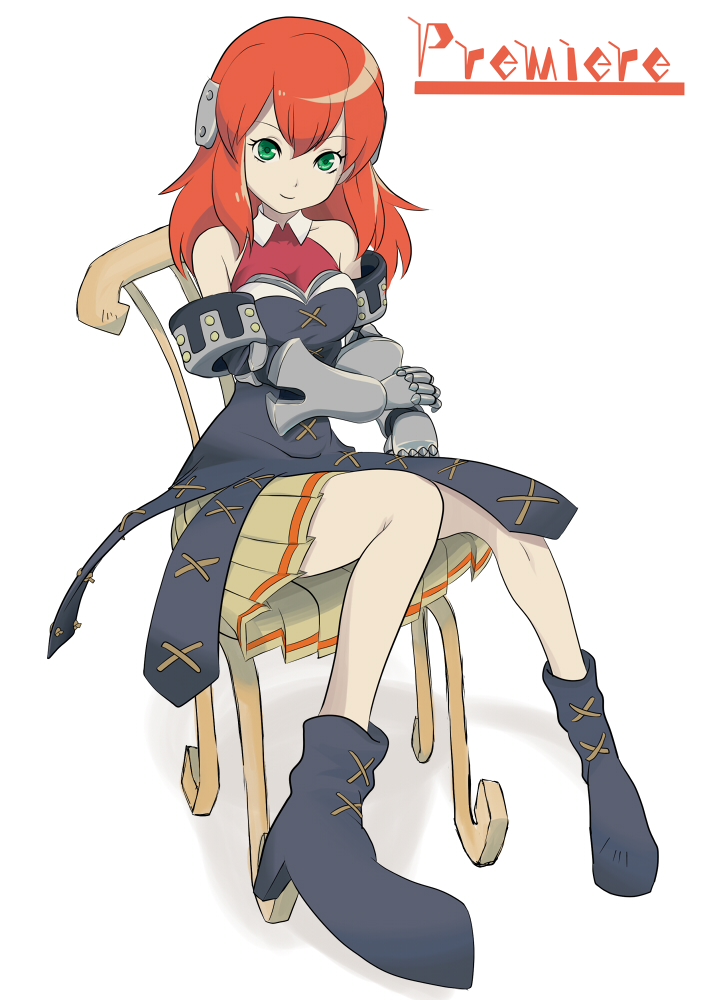 armor armored_dress boots chair character_name full_body gauntlets green_eyes long_hair luv primiera_(saga) red_hair saga saga_frontier_2 sitting solo white_background