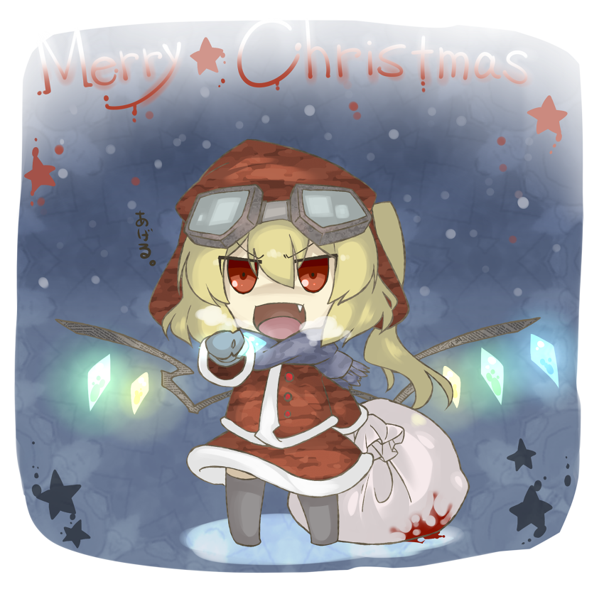bad_id bad_pixiv_id blonde_hair blood christmas cold eiri_(eirri) english fang flandre_scarlet fur_trim goggles hat merry_christmas open_mouth pointing red_eyes sack santa_costume scarf side_ponytail snow solo star thighhighs touhou wings