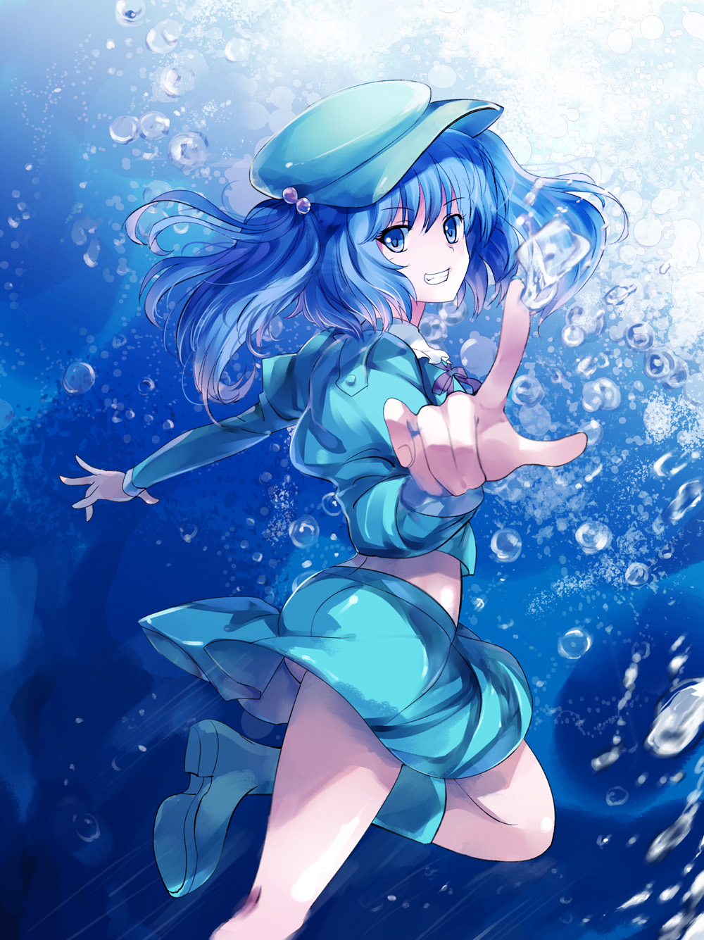 ass bad_id bad_pixiv_id blue_eyes blue_hair boots bubble foreshortening grin hair_bobbles hair_ornament hands highres kawashiro_nitori looking_at_viewer outstretched_arm pico_(picollector79) pointing short_hair smile solo touhou twintails two_side_up underwater