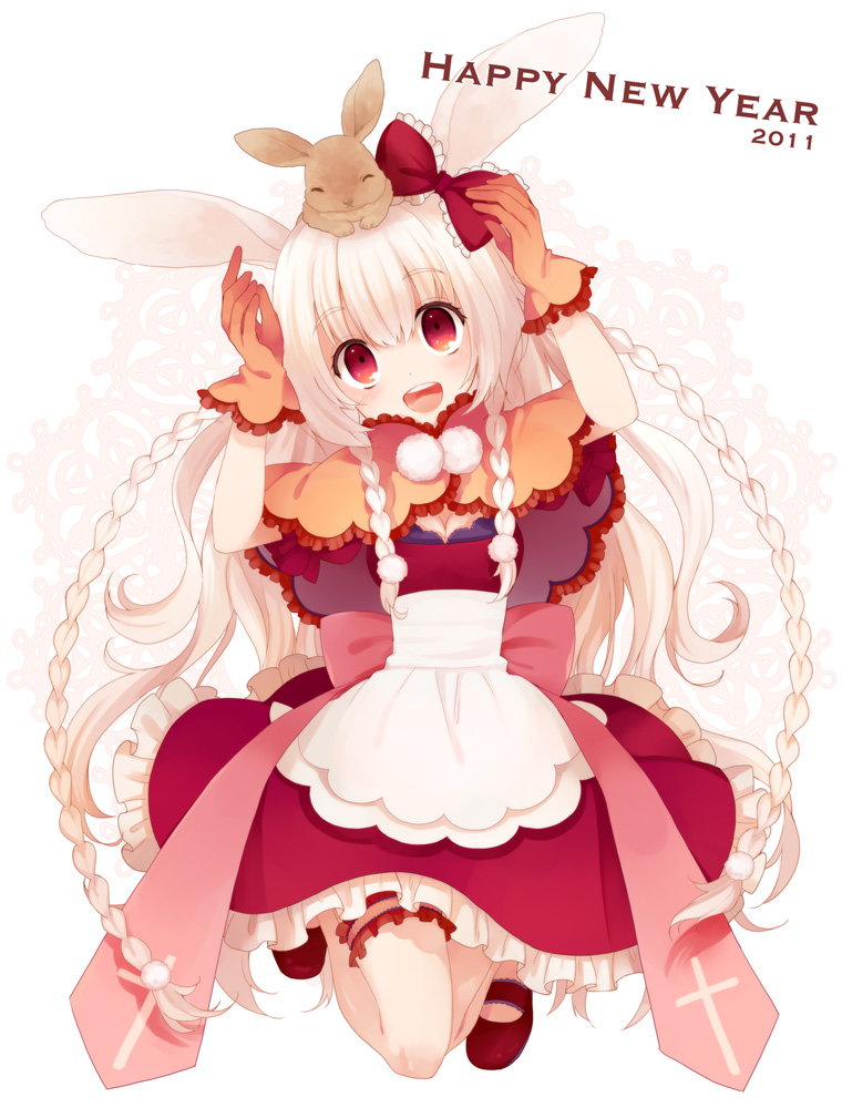 2011 :d albino animal_ears apron bow braid breasts bunny bunny_ears capelet cleavage gloves hair_bow kneeling koto_(colorcube) lolita_fashion long_hair looking_up new_year open_mouth original quad_braids red_eyes small_breasts smile solo very_long_hair white_hair