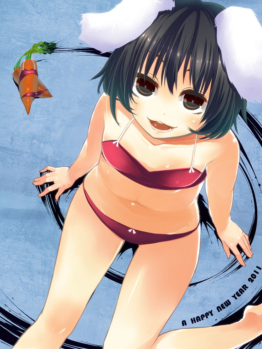 2011 animal_ears bikini black_hair bunny_ears carrot chig flat_chest foreshortening from_above happy_new_year highres inaba_tewi looking_at_viewer navel new_year open_mouth short_hair solo swimsuit touhou