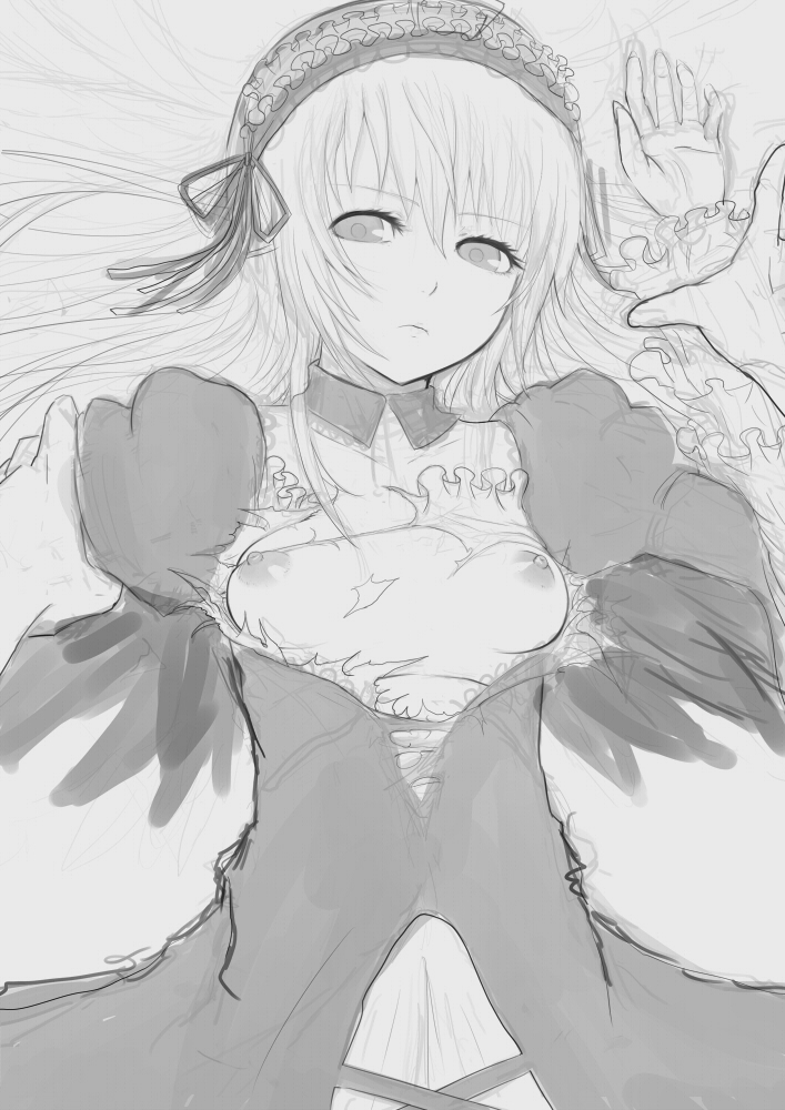 breasts dress greyscale hairband long_hair lying medium_breasts monochrome nipples on_back rozen_maiden shiro-inu sketch solo suigintou torn_clothes wings