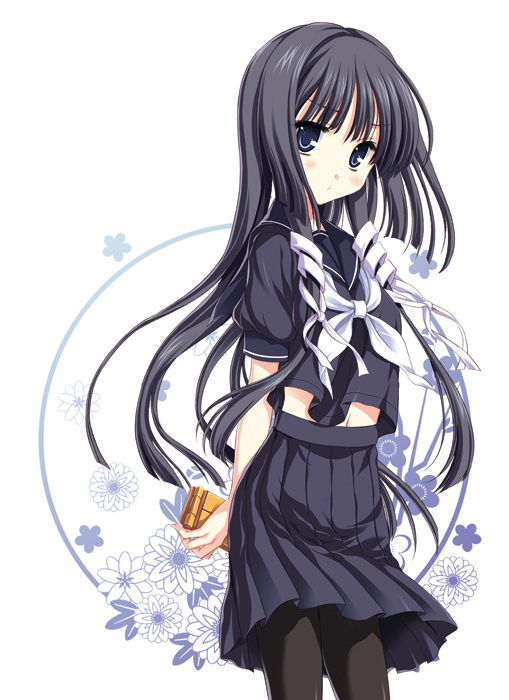 black_hair blue_eyes blush copyright_request gift hair_ribbon long_hair midriff odawara_hakone pantyhose ribbon school_uniform serafuku skirt solo tasogare_no_sinsemilla