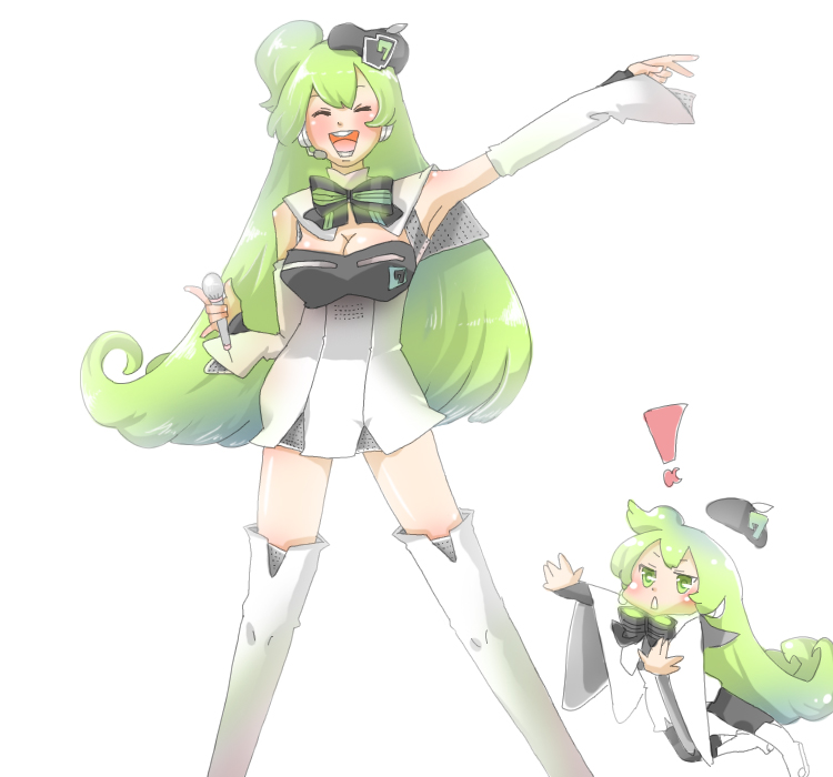 2girls bad_id bad_pixiv_id boots bow bowtie breasts cleavage closed_eyes detached_sleeves green_eyes green_hair hannyag hat headphones large_breasts long_hair macloid macne_nana macne_nana_petit microphone multiple_girls open_mouth simple_background smile thighhighs yellow_eyes