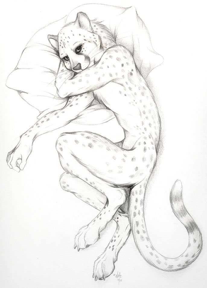 bed cheetah feline greyscale lying male mammal monochrome nduli nude on_side pillow plain_background sketch solo white_background