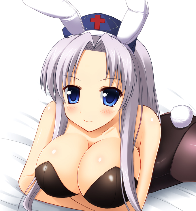animal_ears ash_(pixiv) blue_eyes breast_hold breasts bunny_ears bunny_tail bunnysuit cleavage crossed_arms huge_breasts long_hair lying on_stomach pantyhose silver_hair solo tail touhou yagokoro_eirin
