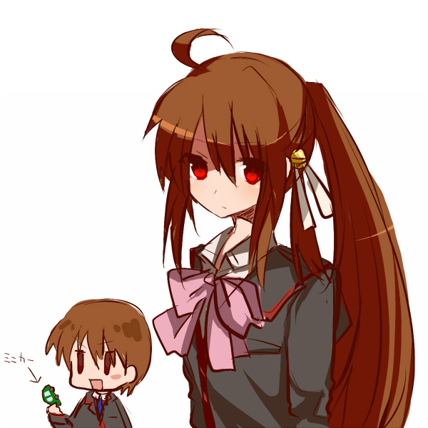 1girl bow brother_and_sister brown_hair chibi little_busters! long_hair natsume_kyousuke natsume_rin oshiruko_(tsume) pink_bow ponytail red_eyes school_uniform siblings