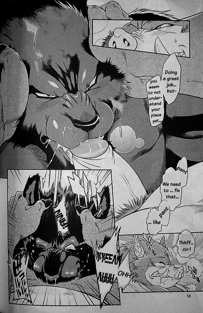 amakuchi anthro big_penis blush boar chubby clothing comic dialog dragon_quest english_text erection eyes_closed facefuck feline fellatio fur gay general greyscale hard_translated japanese_text jyuumaretsuden male mammal monochrome oral oral_sex orc_(dq) ork panther penis pig porcine rikantas sex text