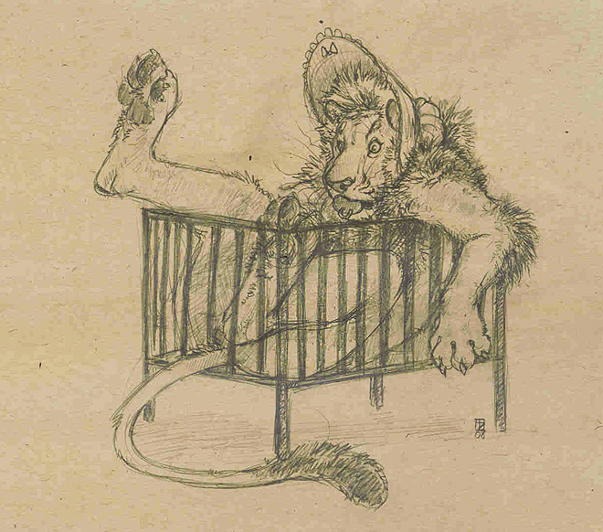 bow brian_root claws crib feline hindpaw humiliation infantilism lion male mammal monochrome paws sketch solo tongue