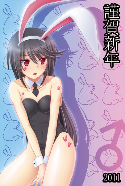 2011 animal_ears bare_shoulders black_hair blush bunny bunny_ears bunnysuit crossdress crossdressing long_hair male new_year open_mouth red_eyes solo tattoo trap