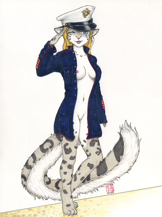 anthro ayukawataur breasts digitigrade feline female leopard looking_at_viewer mammal marines military nipples nude one_eye_closed plain_background salute snow_leopard solo uniform usmc walking white_background wink