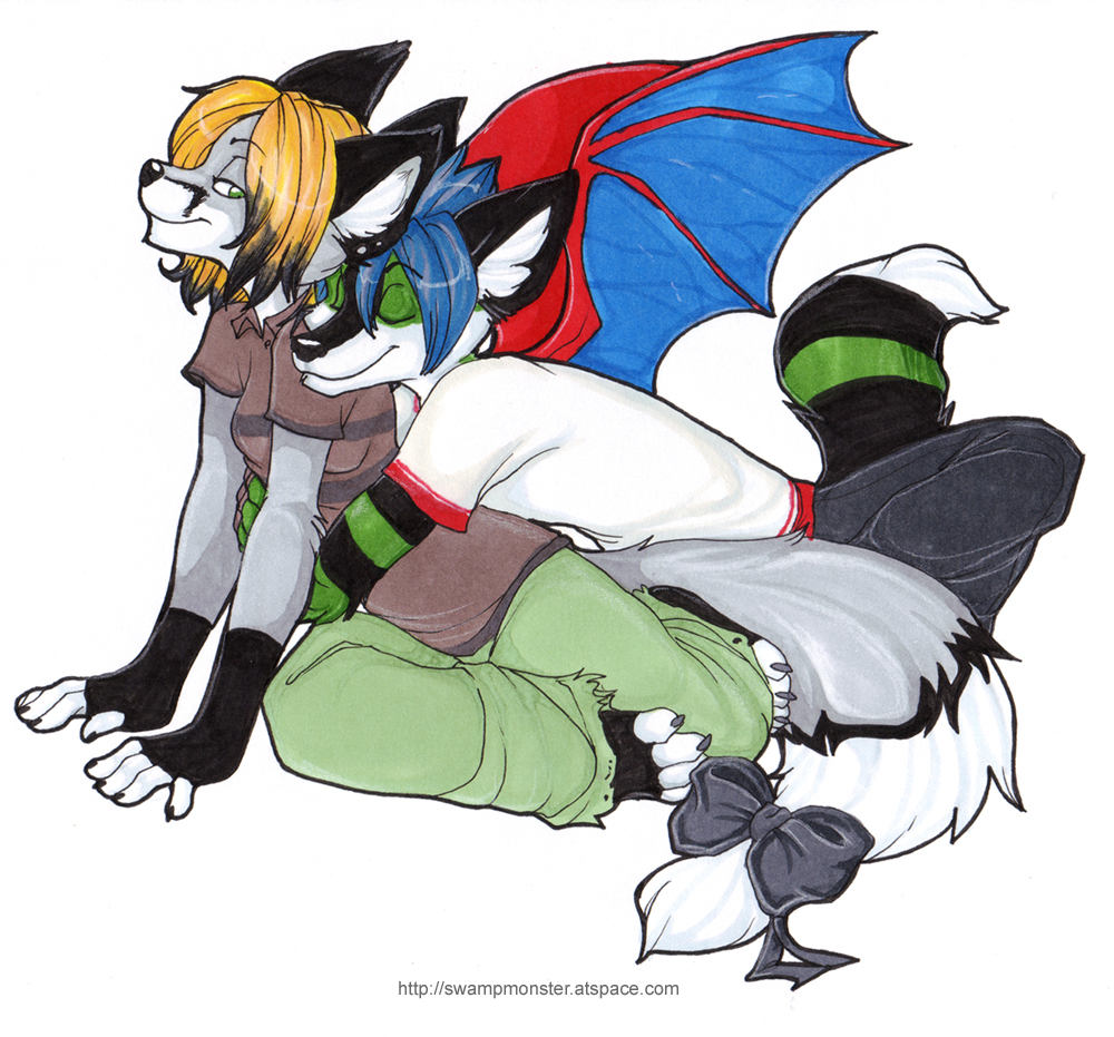 blonde_hair blue_hair canine clothing duo eyes_closed female green_eyes hair holly_massey hug male mammal pants plain_background shirt tail white_background wings wolf