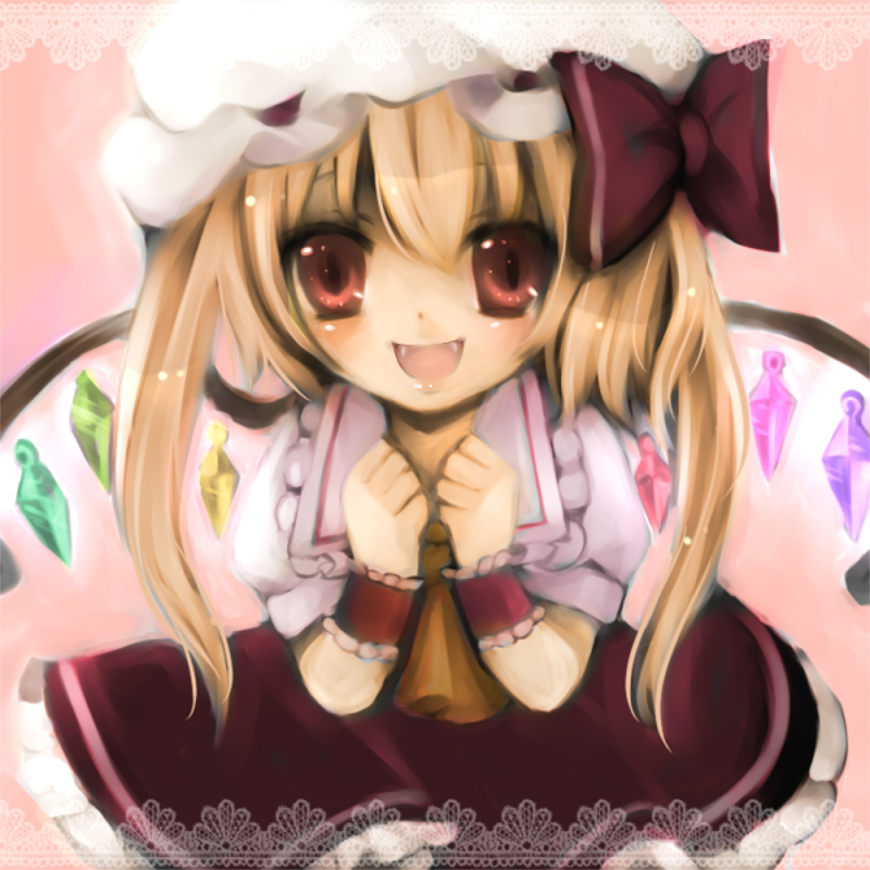 ascot bad_id bad_pixiv_id blonde_hair bow fangs flandre_scarlet long_hair red_eyes smile solo touhou twintails wrist_cuffs yumemomosaka