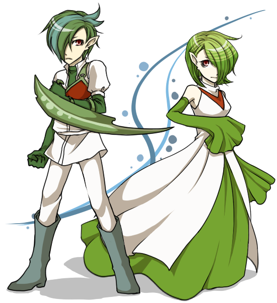 blade dress gallade gardevoir green_hair moemon personification pointy_ears pokemon red_eyes weapon