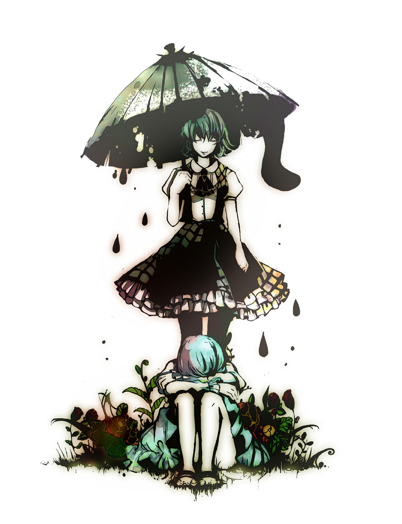 ascot blue_hair commentary dress flower green_hair kazami_yuuka kodatino multiple_girls oriental_umbrella plaid plaid_skirt plaid_vest sitting skirt skirt_set tatara_kogasa tongue touhou umbrella vest