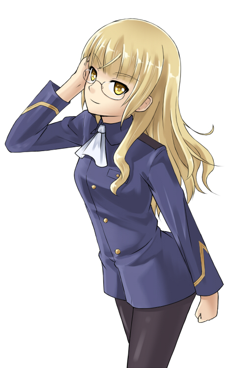 adjusting_hair bad_id bad_pixiv_id blonde_hair boko_(maniacpurple) glasses long_hair military military_uniform pantyhose perrine_h_clostermann solo strike_witches uniform world_witches_series yellow_eyes