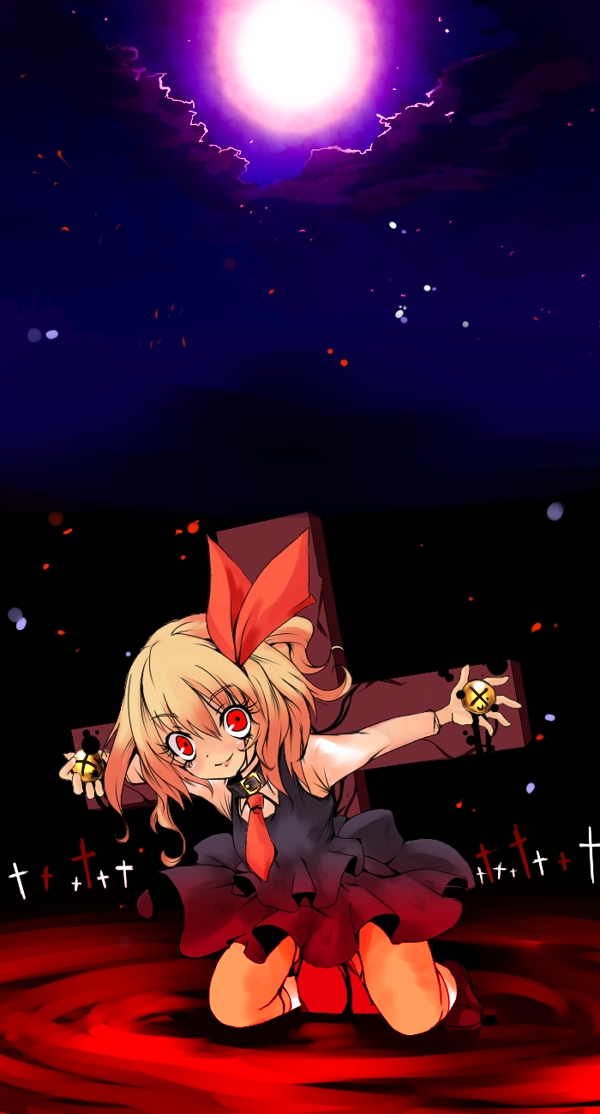 blonde_hair blood cloud clouds collar cross crucifix crucifixion female footwear full_body hair_ribbon kneeling mary_janes moon necktie night outdoors red_eyes ribbon rumia shoes short_hair skirt sky smile socks solo the_embodiment_of_scarlet_devil tie touhou youkai