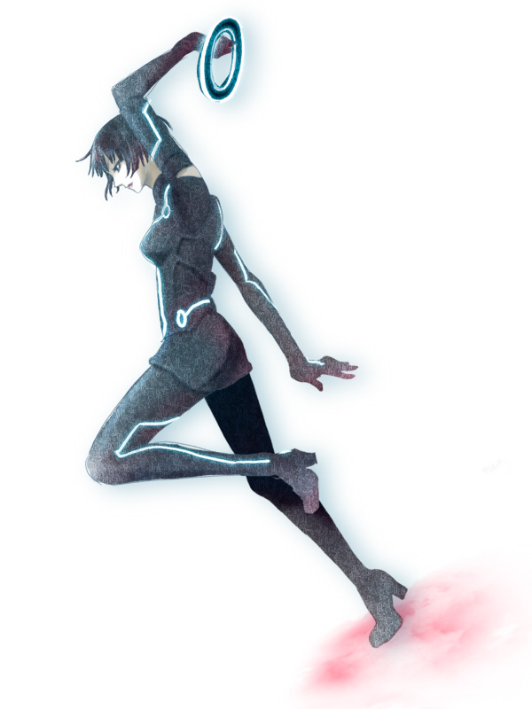 bad_id bad_pixiv_id chakram disc_(tron) dutch_angle full_body high_heels marow neon_lights neon_trim quorra science_fiction shoes short_hair simple_background solo tron tron:_legacy weapon