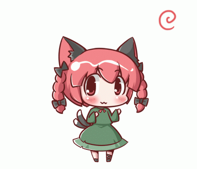 :3 animal_ears animated animated_gif blush braid cat_ears cat_tail chibi dancing hypnotic kaenbyou_rin looking_at_viewer lowres maitora multiple_tails parody red_eyes red_hair short_hair simple_background solo tail touhou twin_braids