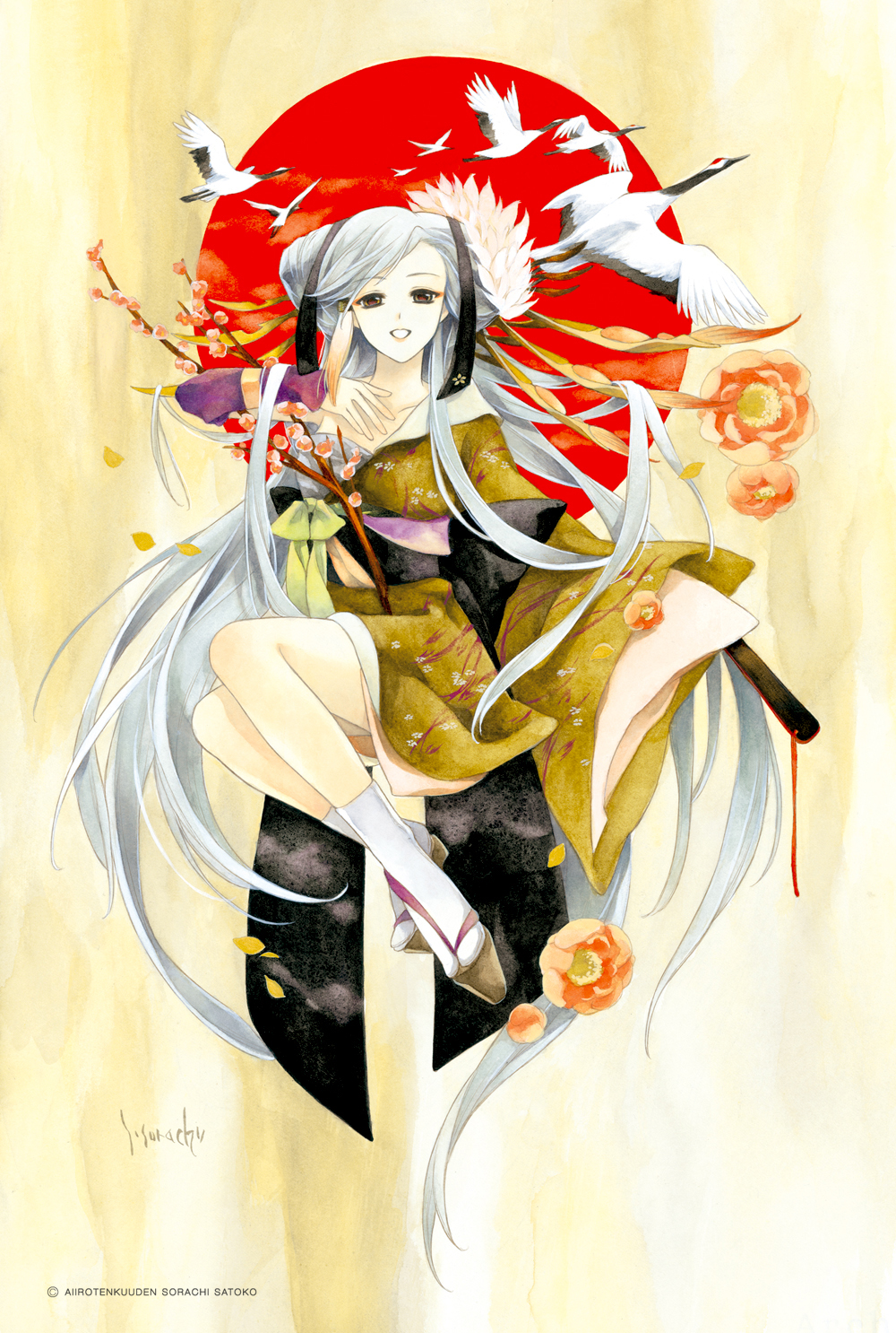2011 bird cherry_blossoms flower highres japanese_clothes kimono long_hair md5_mismatch new_year original peony_(flower) solo sorachi_satoko white_hair