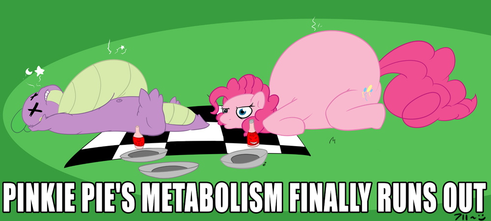 blue_eyes cutie_mark dragon english_text equine eyes_closed fat female feral friendship_is_magic fur hair hooves horse hot_sauce looking_at_viewer male mammal morbidly_obese my_little_pony overweight picnic pink pink_fur pink_hair pinkie_pie_(mlp) plate pony purple_body purple_scales scalie seveneleven spike_(mlp) text