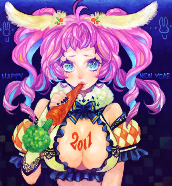 2011 acha ahoge bare_shoulders blue_eyes blue_hair blush breasts carrot cleavage large_breasts lips long_hair multicolored_hair original pink_hair purple_hair solo twintails two-tone_hair