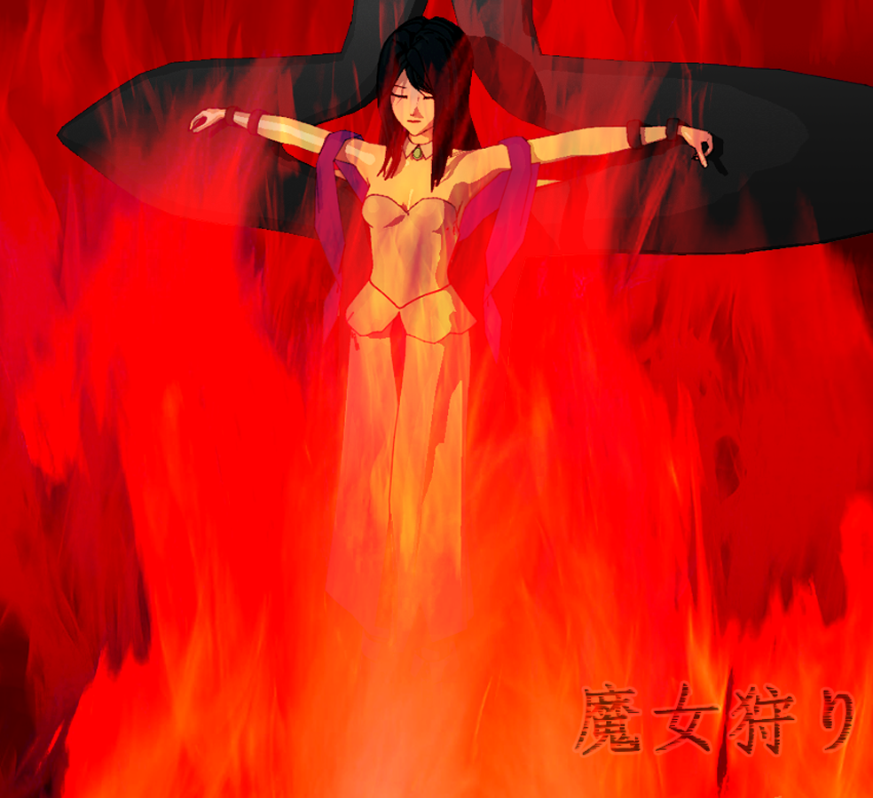 1girl bare bare_shoulders burn burning burning_at_the_stake cross crucifixion cruel death die execution eyes_closed fire guro helpless hot human_sacrifice long_hair pain painful ritual sacrifice solo witch witchhunt