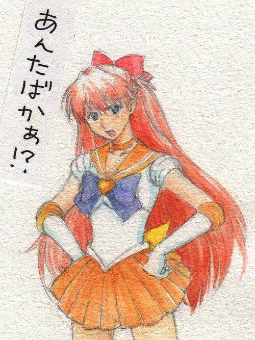angry bishoujo_senshi_sailor_moon cosplay crossover gloves hands_on_hips long_hair neon_genesis_evangelion red_hair sailor_venus sailor_venus_(cosplay) soryu_asuka_langley souryuu_asuka_langley