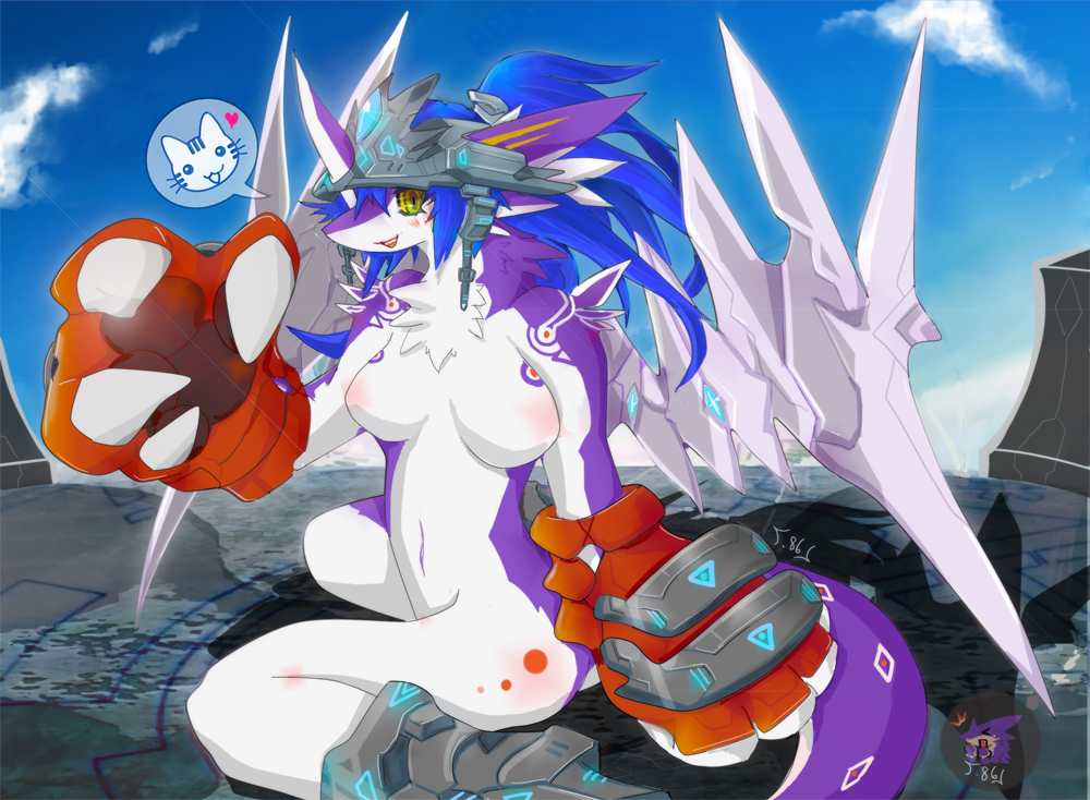 armor blush breasts claws cute dragon dragoon86 female hair hybrid long_hair looking_at_viewer meow moe nude paws scalie smile solo tail unconvincing_armour wings
