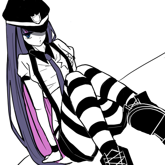 alternate_costume blue_eyes boots fujimoto_(rulahlah) hat multicolored_hair panty_&amp;_stocking_with_garterbelt solo spot_color stocking_(psg) striped striped_legwear suspenders thighhighs two-tone_hair