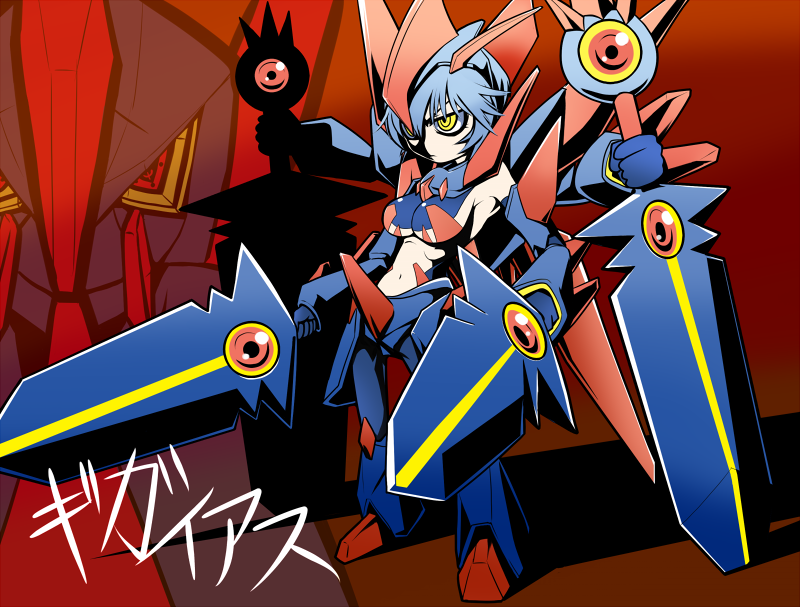 1girl armor blue_hair breasts cleavage gigalith midriff multi_arm multi_limb multiple_arms personification pokemon solo sumeshi sword weapon yellow_eyes