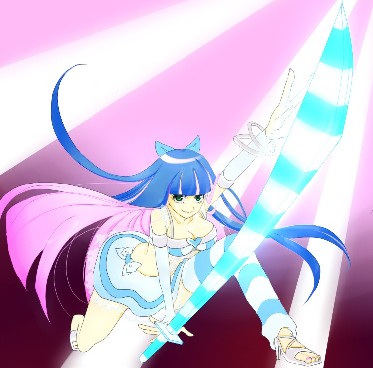 breasts cleavage panty_&amp;_stocking_with_garterbelt smile stocking_(character) stocking_(psg) stripes_i_&amp;_ii sword weapon