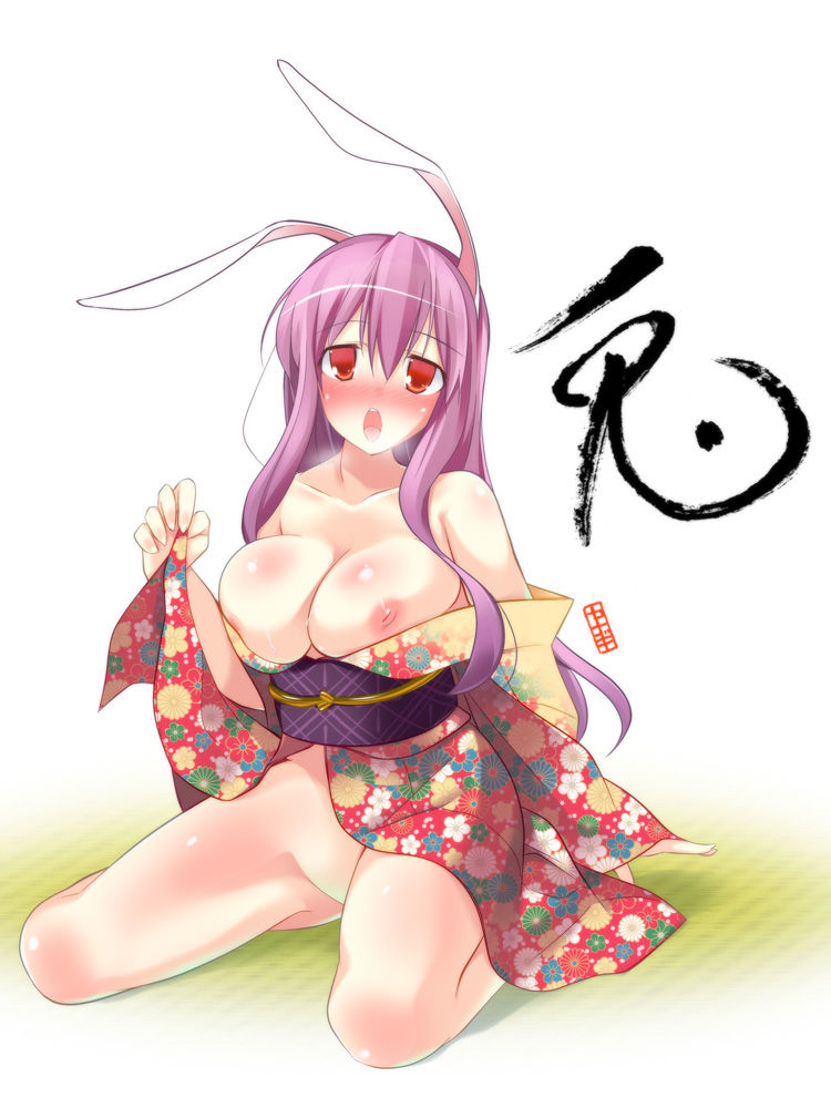 animal_ears bare_shoulders blush breasts bunny_ears chinese_zodiac japanese_clothes kimono large_breasts long_hair md5_mismatch new_year nipples no_panties purple_hair red_eyes reisen_udongein_inaba seiza sitting skirt skirt_lift solo touhou yanagi_yuu year_of_the_rabbit