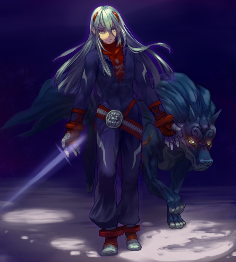 belt bonjour breath_of_fire breath_of_fire_iv fou-lu gloves horns long_hair male_focus monster white_hair won-qu