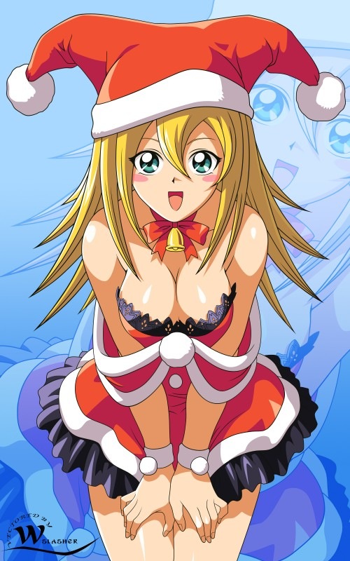 bell blonde_hair bow breasts christmas cleavage dark_magician_girl dark_magician_girl_christmas dress duel_monster female hat red_dress ribbon solo yu-gi-oh! yuu-gi-ou_duel_monsters