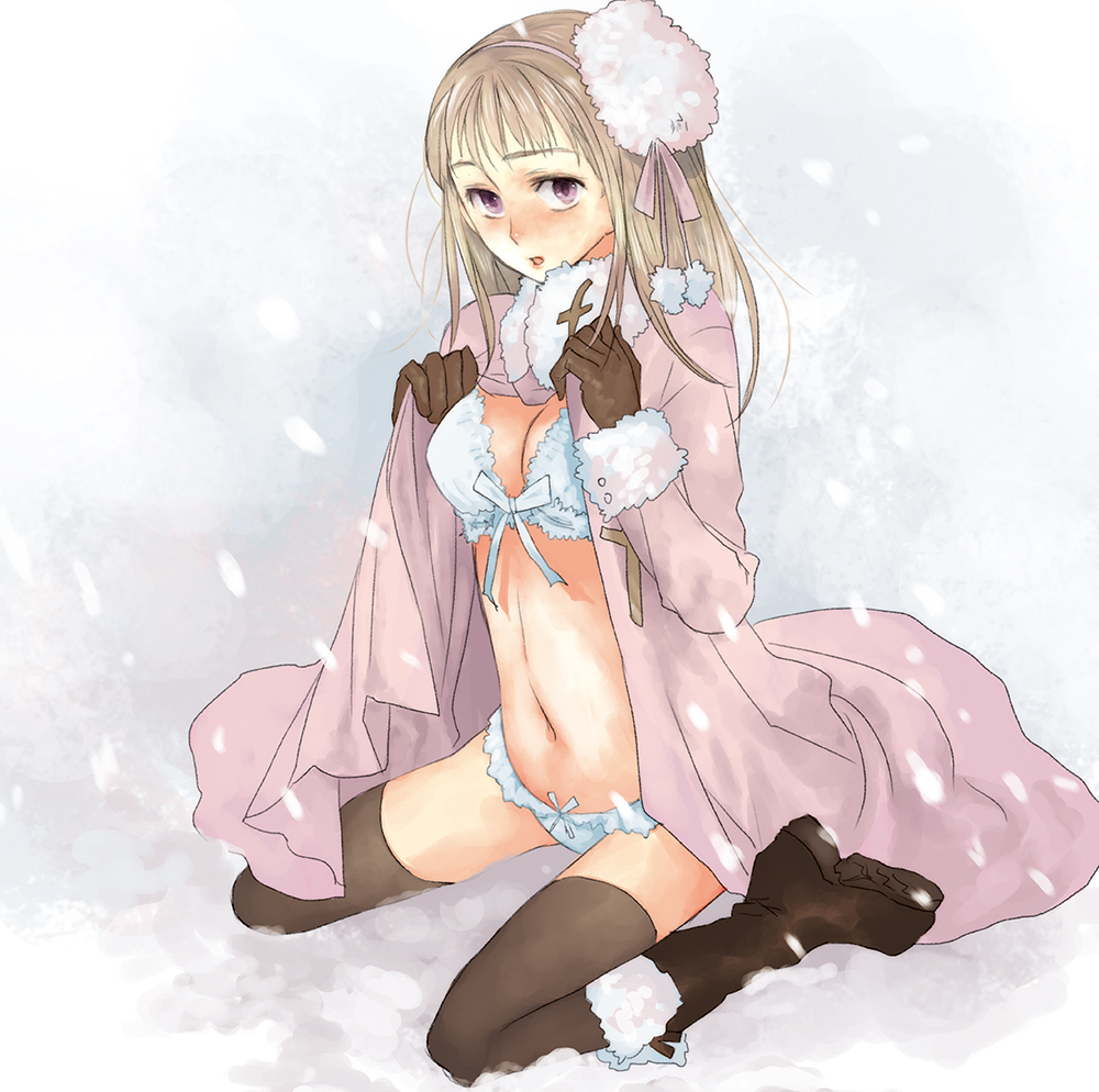 axis_powers_hetalia bad_id bad_pixiv_id blonde_hair blush bow bow_bra bra frills genderswap genderswap_(mtf) gloves hairband hat janus kneeling lingerie navel open_clothes open_shirt panties pink_hairband purple_eyes ribbon russia_(hetalia) shirt sitting snow solo thighhighs underwear wariza